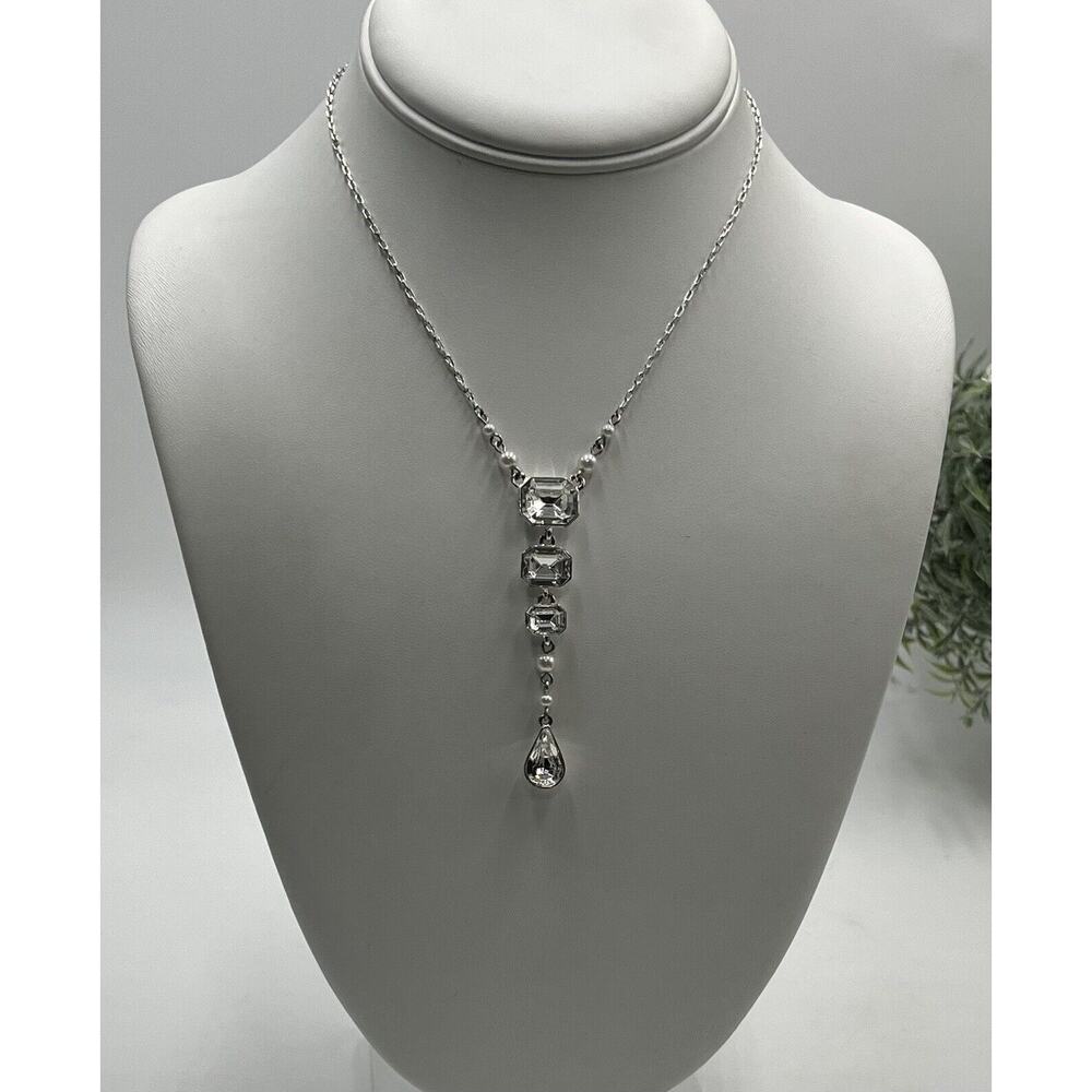 Givenchy Vintage Silver Tone Sparkling Rhinestone Faux Pearl Y Drop‎ Necklace - Picture 2 of 14